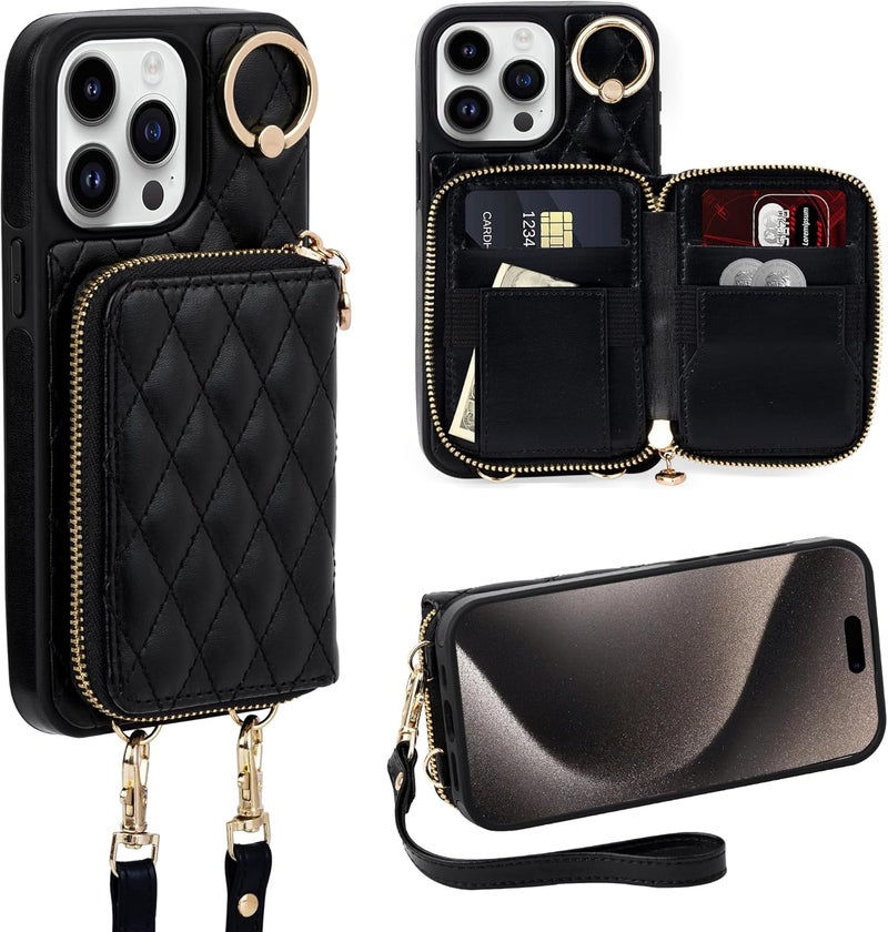 Keallce Case for iPhone 14 Pro Max 6.7'' Wallet Case, Crossbody Zipper Purse Handbag Wristlet for Women, RFID Blocking Card Holders, 360° Ring Kickstand Flip Leather Cover for iPhone 14 Pro Max, Black - Image 1